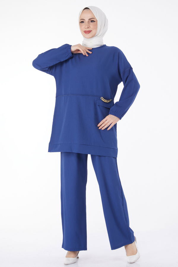 10542-INDIGO Zincir Detaylı Tunik Pantolon İkili Takım