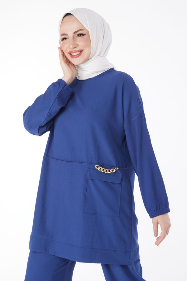 10542-INDIGO Zincir Detaylı Tunik Pantolon İkili Takım