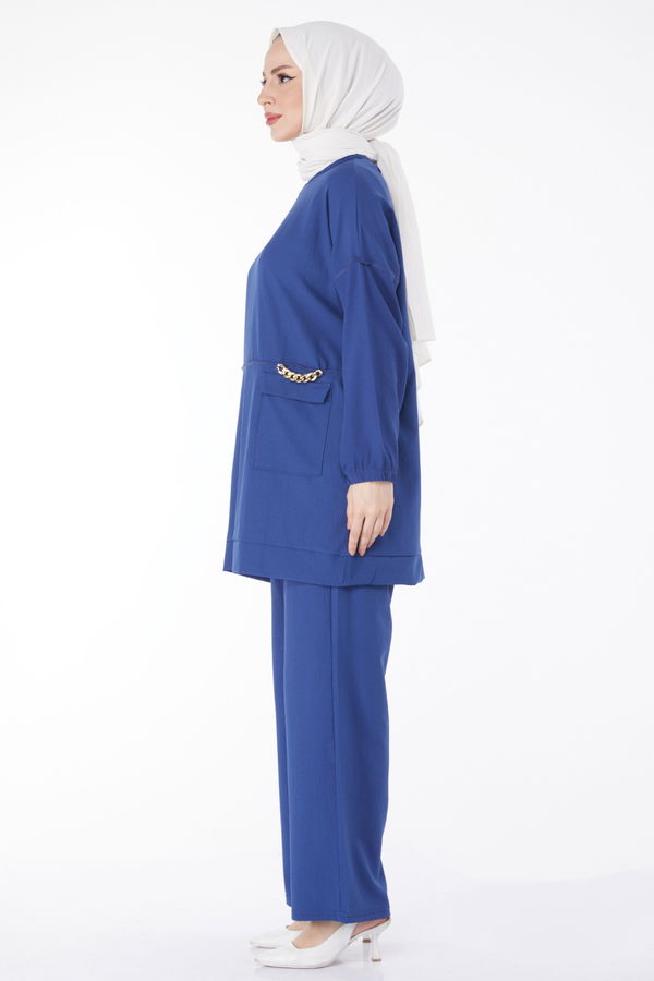 10542-INDIGO Zincir Detaylı Tunik Pantolon İkili Takım