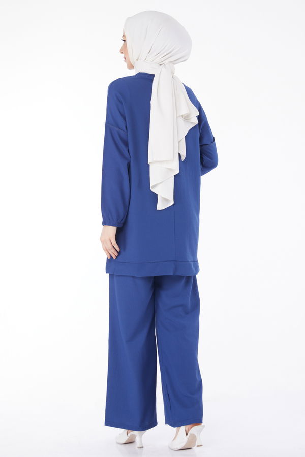 10542-INDIGO Zincir Detaylı Tunik Pantolon İkili Takım