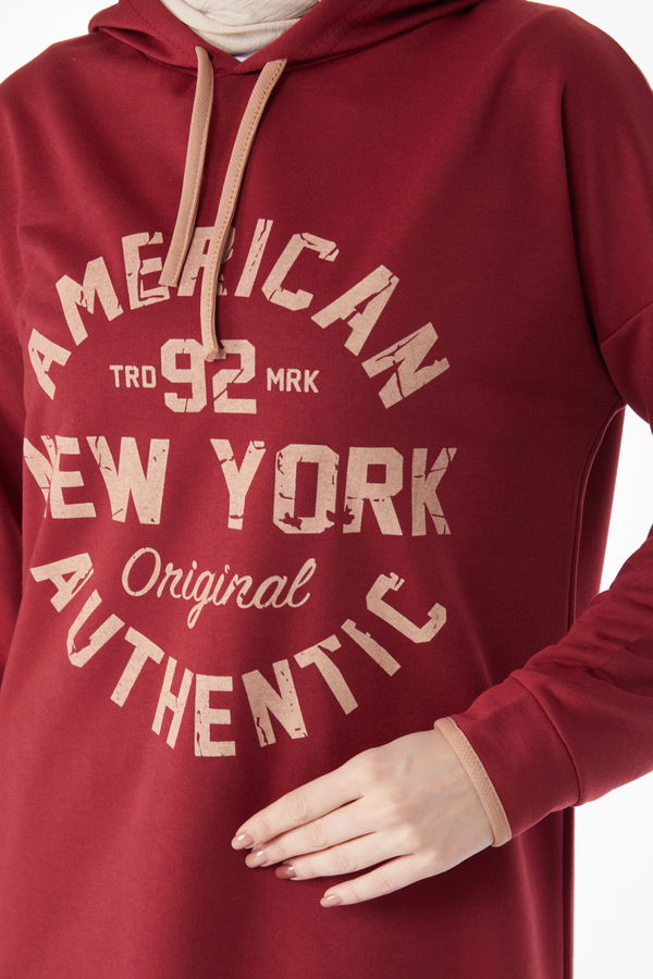 Önü Baskılı Sweatshirt Bordo - 13130
