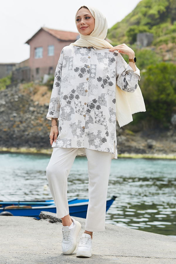 21066-GRI Keten Tunik Pantolon