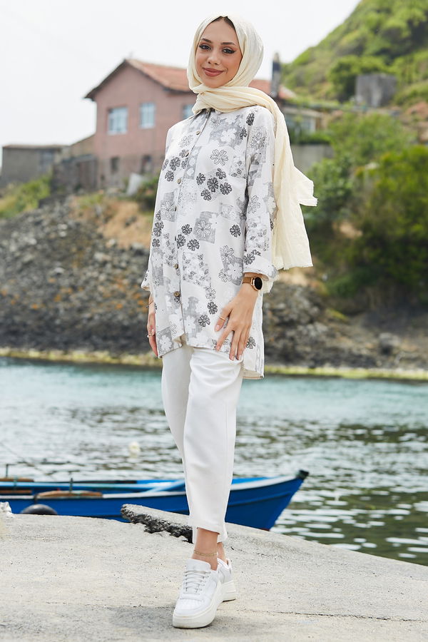 21066-GRI Keten Tunik Pantolon