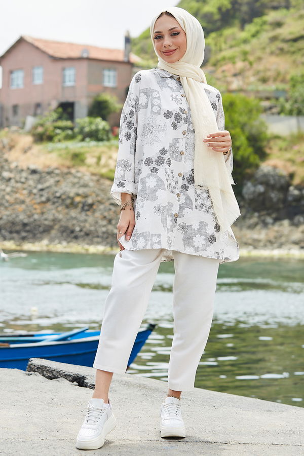 21066-GRI Keten Tunik Pantolon