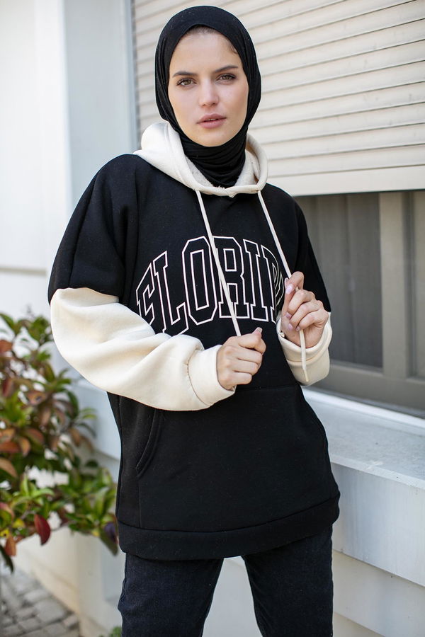 21357-SIYAH Üç İplik Kapsonlu Sweat