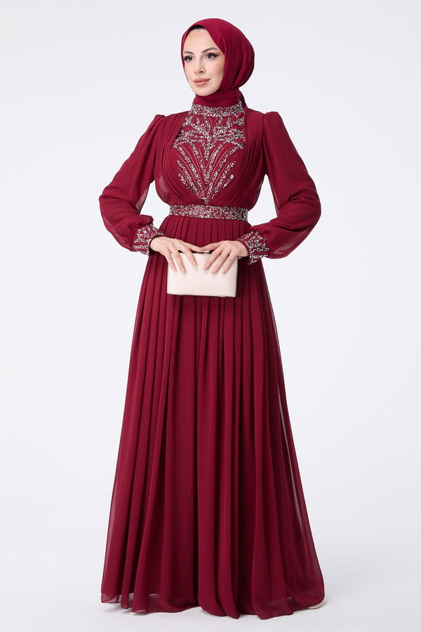 23430-BORDO Abiye Elbise