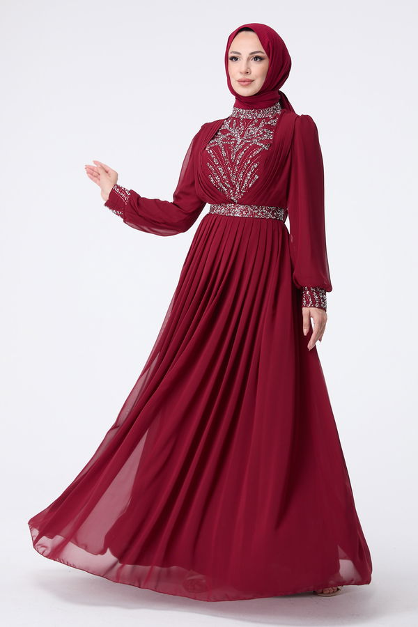 23430-BORDO Abiye Elbise