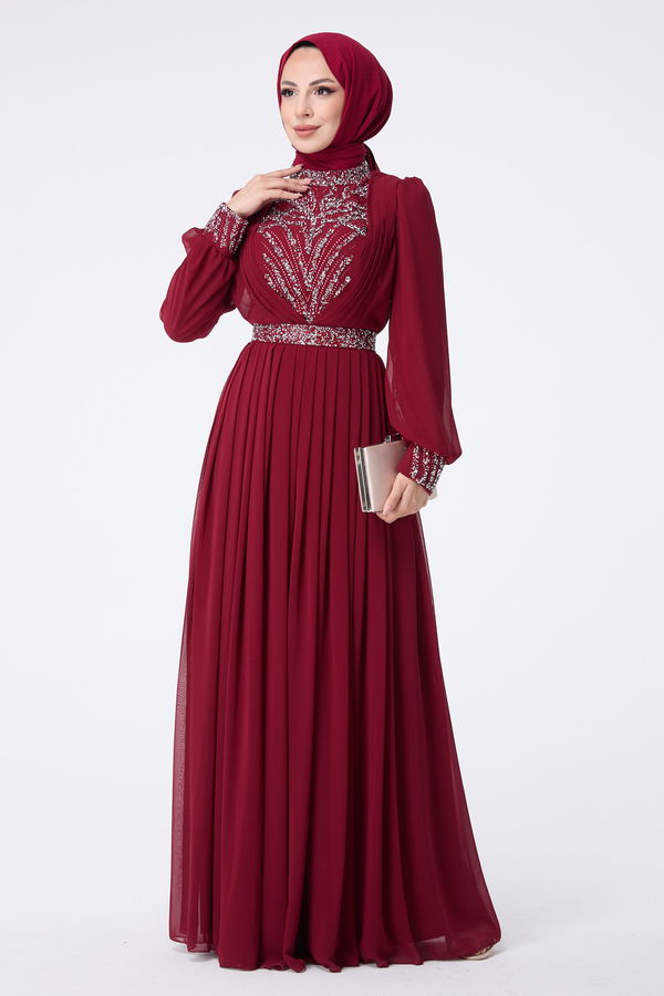 23430-BORDO Abiye Elbise