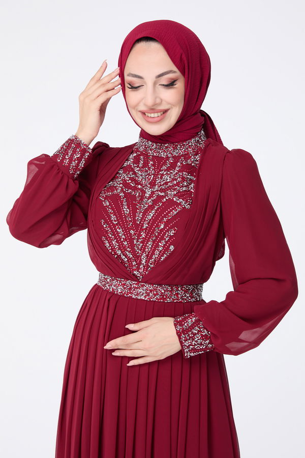 23430-BORDO Abiye Elbise