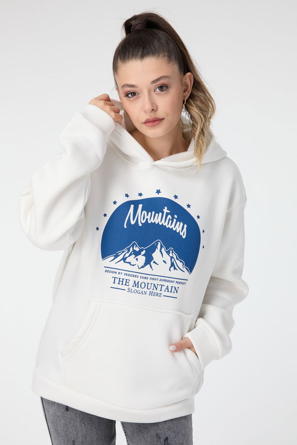 23499-BEYAZ Baskılı Kapüşonlu Sweatshirt