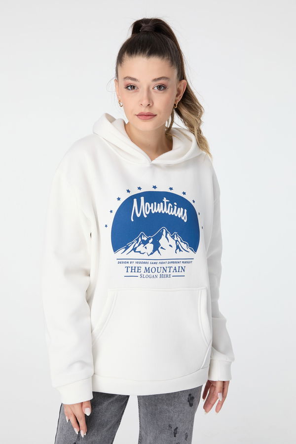 23499-BEYAZ Baskılı Kapüşonlu Sweatshirt