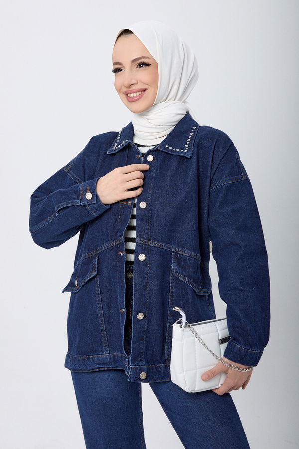 Yakası Taş Detaylı Kot Ceket Koyu Mavi - 23622