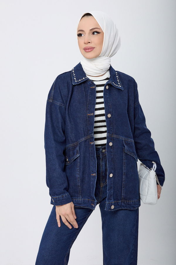 Yakası Taş Detaylı Kot Ceket Koyu Mavi - 23622