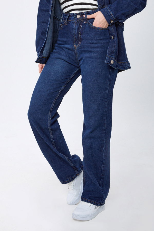 Wide Leg Yüksek Bel Kot Pantolon Koyu Mavi - 23664
