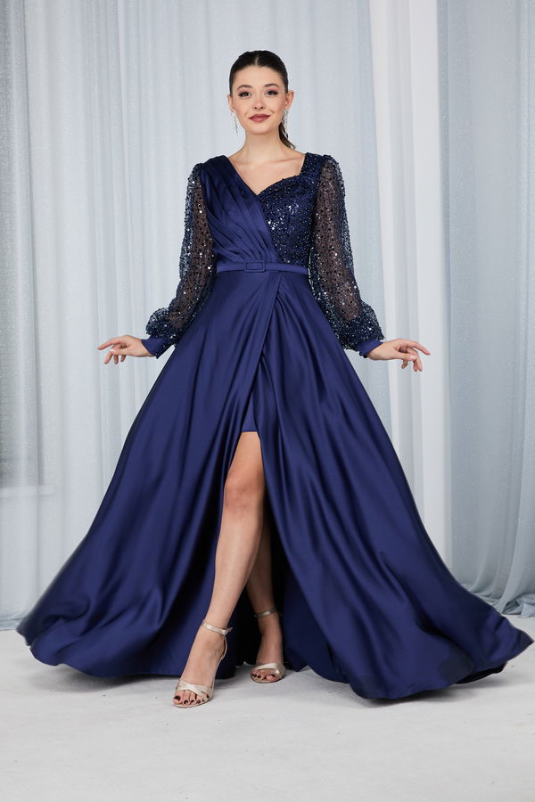 23675-LACIVERT Abiye Elbise