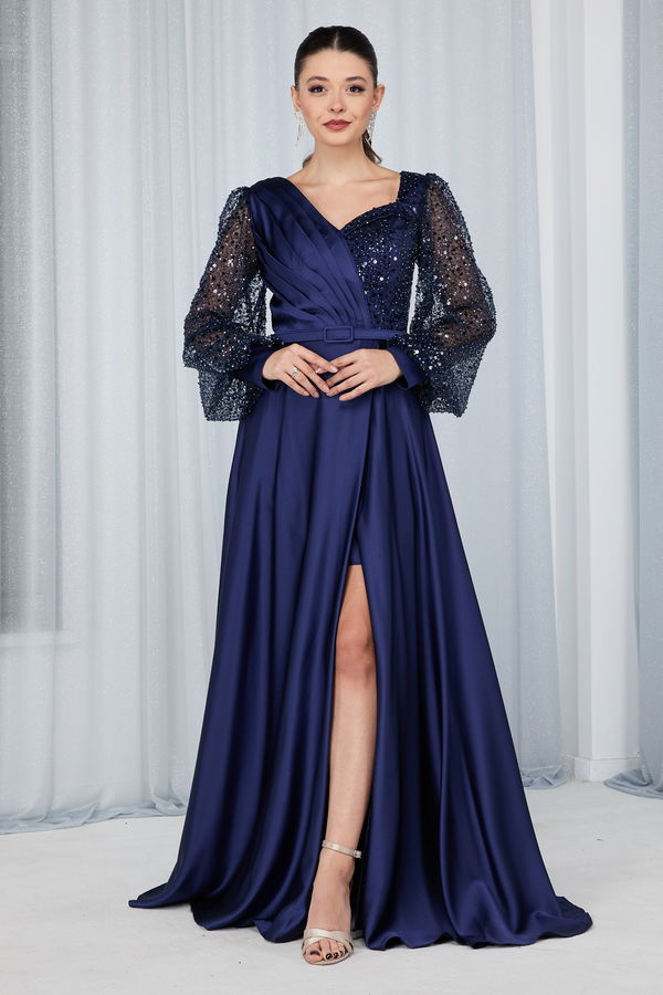 23675-LACIVERT Abiye Elbise