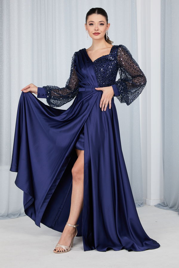 23675-LACIVERT Abiye Elbise