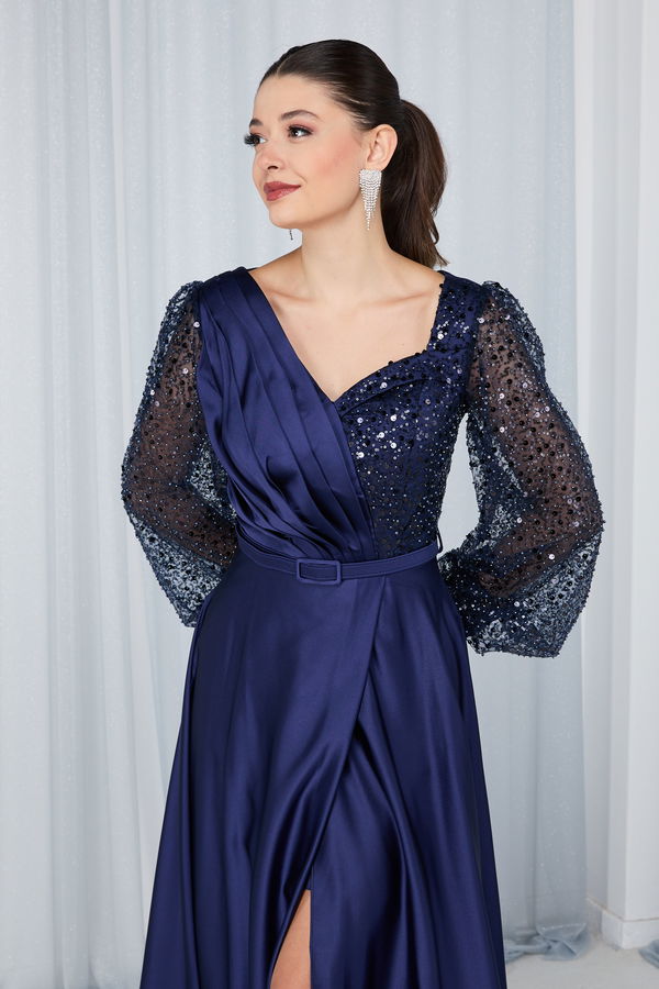 23675-LACIVERT Abiye Elbise