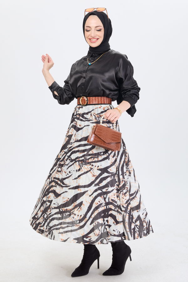 24218-SIYAH Zebra Desenli Piliseli Etek
