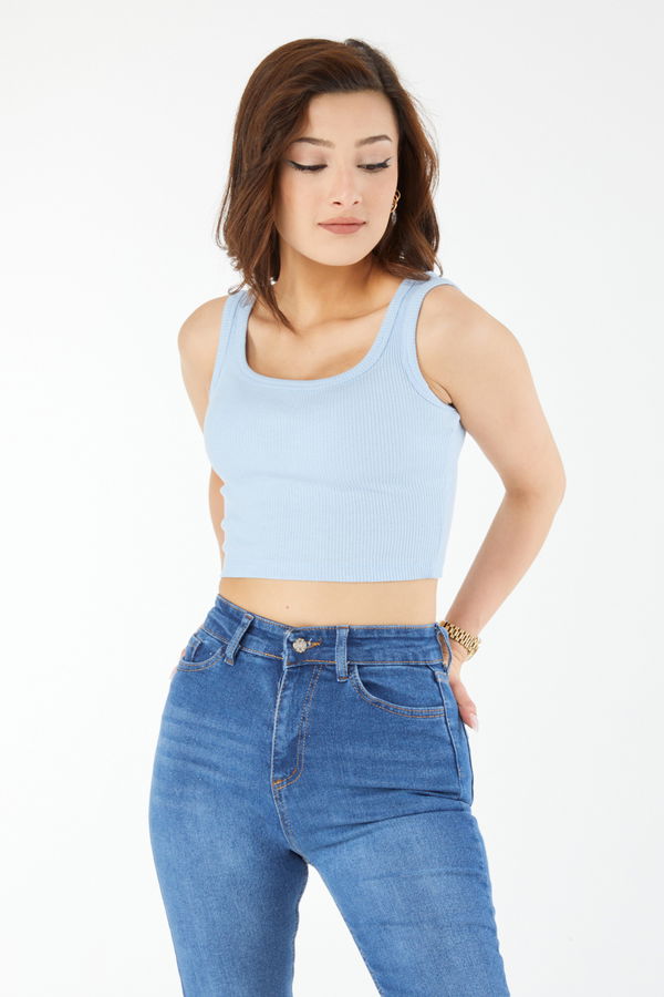 Kare Yaka Kısa Kollu Crop Bebe Mavi - 24439