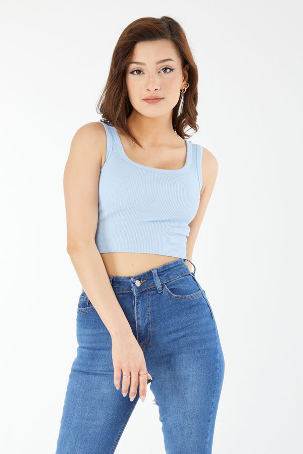 Kare Yaka Kısa Kollu Crop Bebe Mavi - 24439