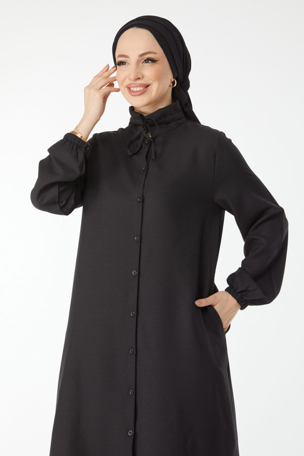 Yaka Bağcık Detaylı Tunik Siyah - 24513