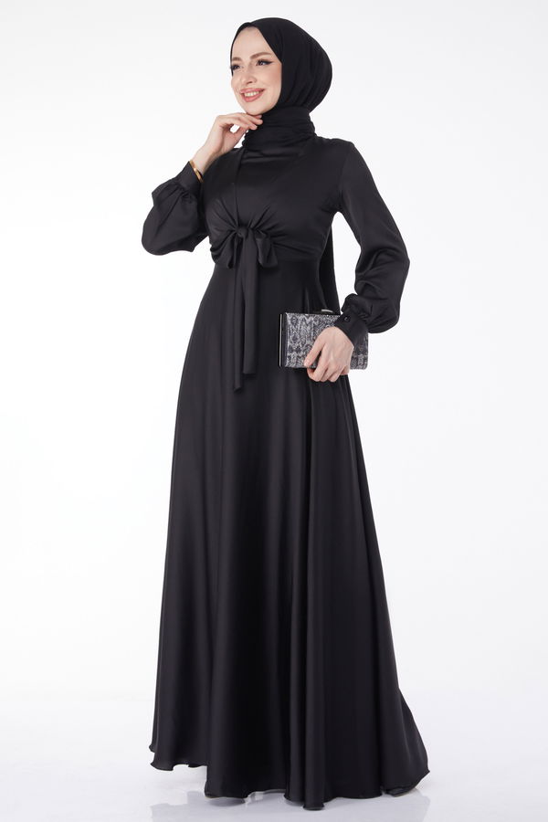 Düz Saten Ortadan Bağlamalı Abiye Elbise Siyah - 24592