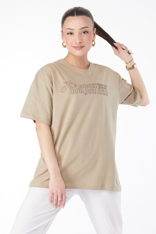 Kısa Kollu Baskılı T-shirt Acik Haki - 24639