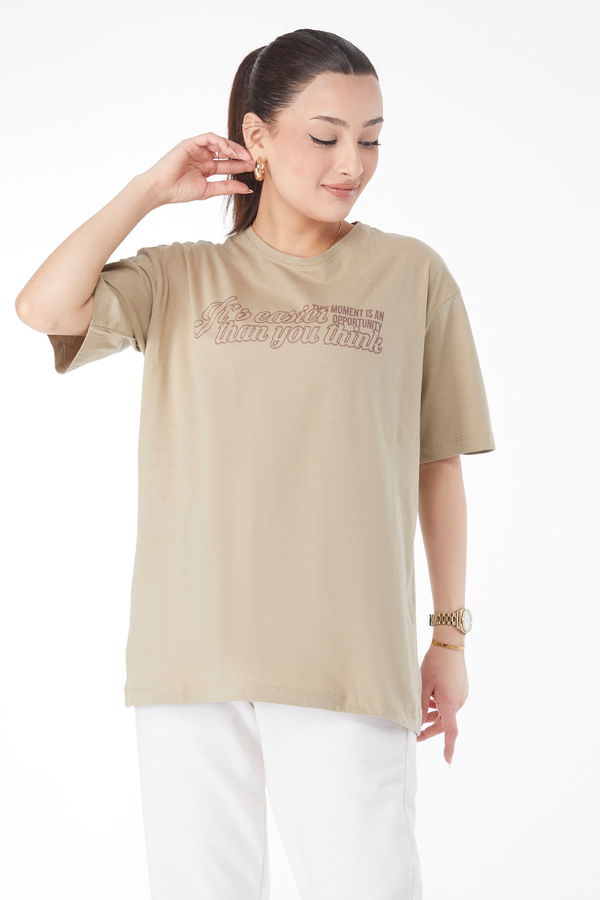 Kısa Kollu Baskılı T-shirt Acik Haki - 24639