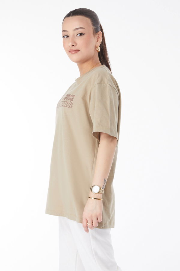 Kısa Kollu Baskılı T-shirt Acik Haki - 24639