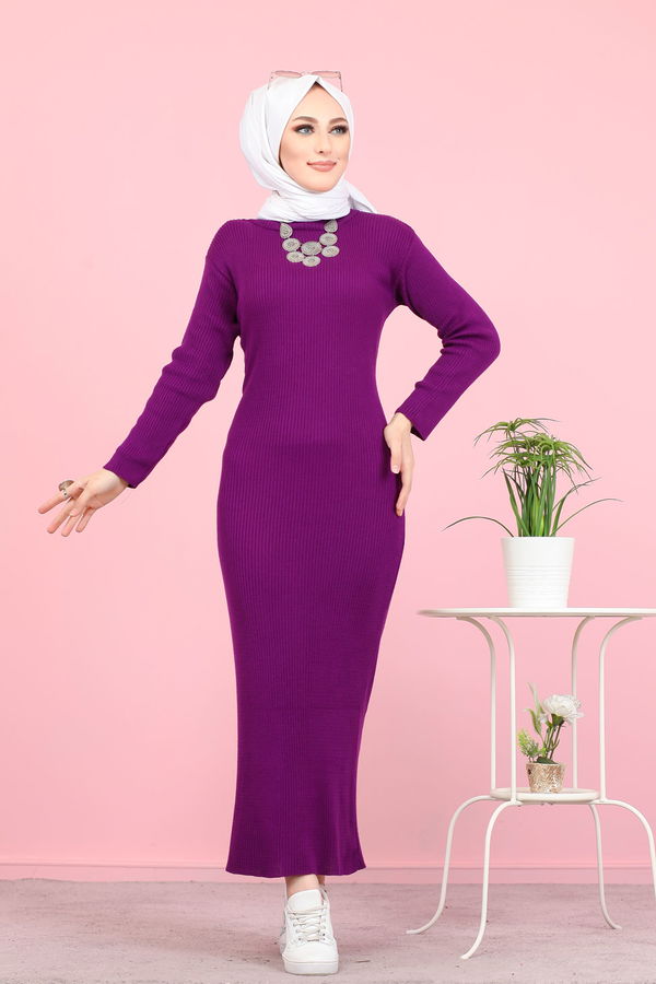 Bogazlı Triko Elbise Mor - 8142