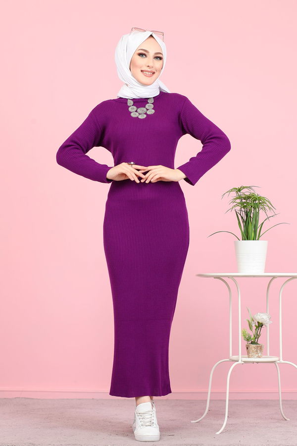 Bogazlı Triko Elbise Mor - 8142