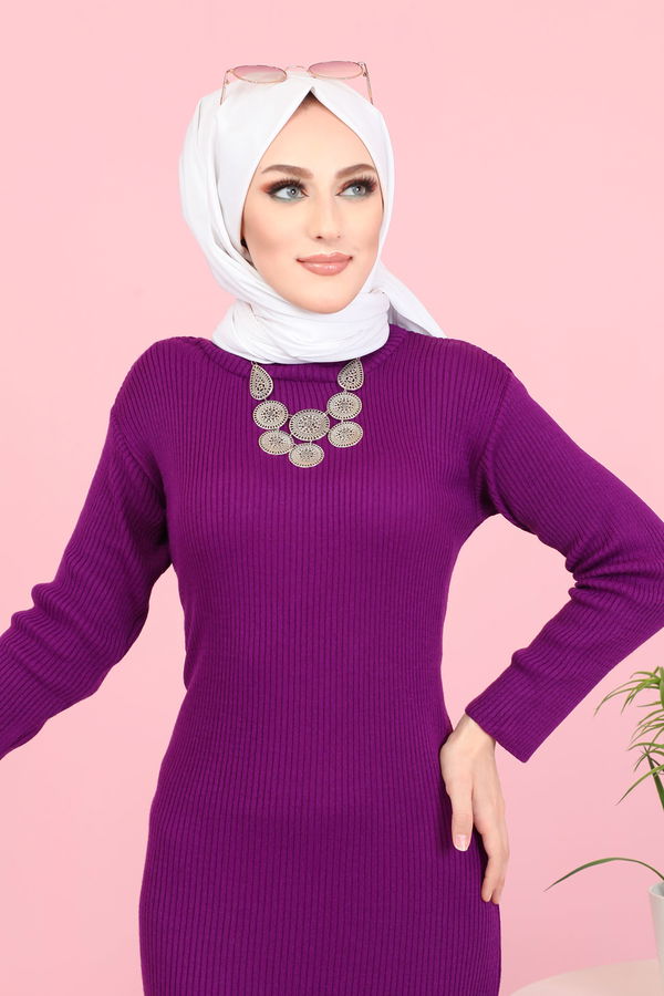 Bogazlı Triko Elbise Mor - 8142