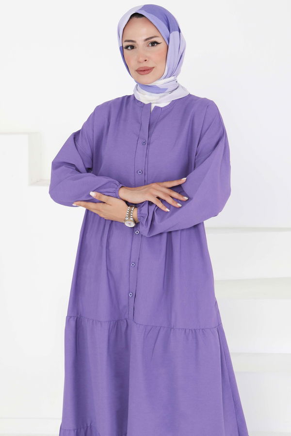 Büzgülü Pat Detaylı Elbise Lila - 27293