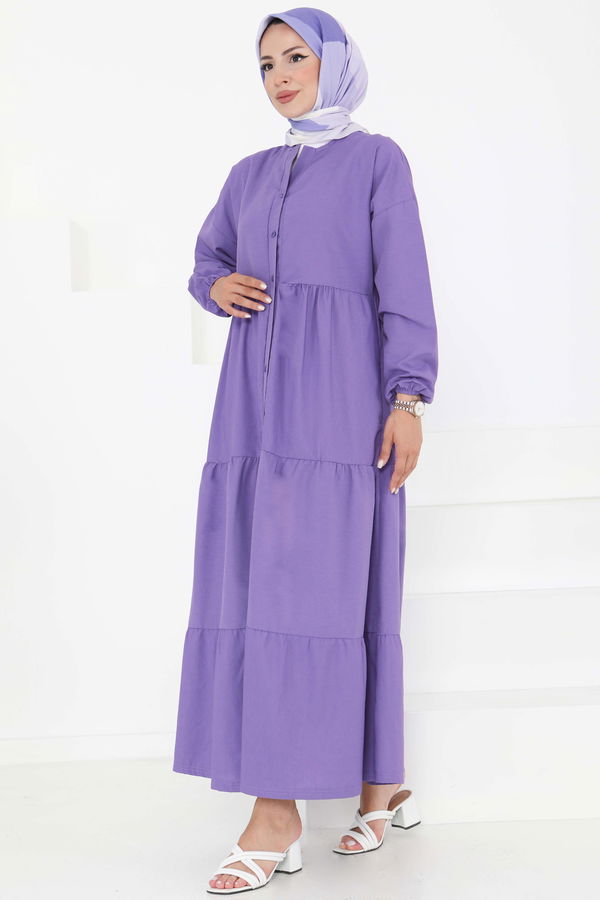 Büzgülü Pat Detaylı Elbise Lila - 27293