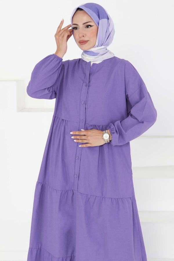 Büzgülü Pat Detaylı Elbise Lila - 27293
