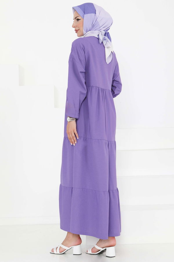 Büzgülü Pat Detaylı Elbise Lila - 27293