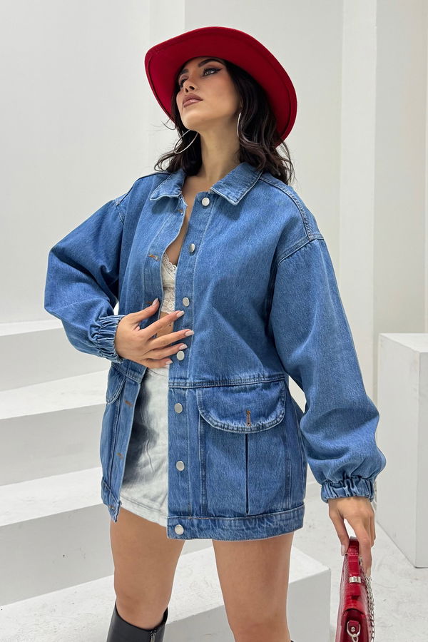 Kadın Oversize Körüklü Cep Kot Ceket Mavi - 26578