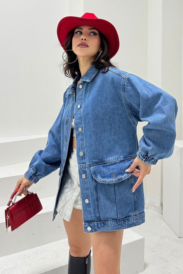 Kadın Oversize Körüklü Cep Kot Ceket Mavi - 26578