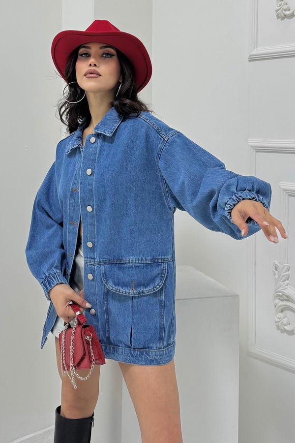 Kadın Oversize Körüklü Cep Kot Ceket Mavi - 26578