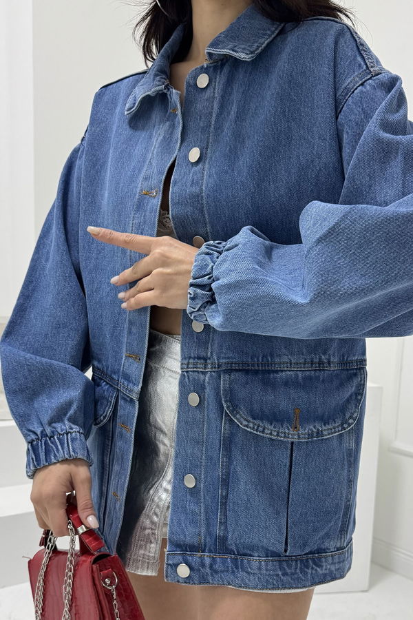 Kadın Oversize Körüklü Cep Kot Ceket Mavi - 26578