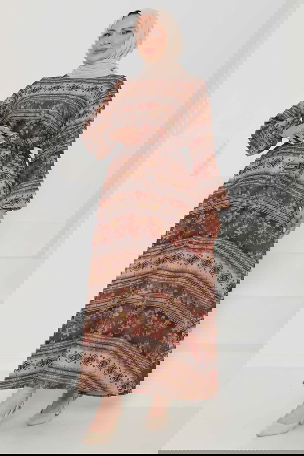 Çiçek Desenli Kuşaklı Elbise - 27105