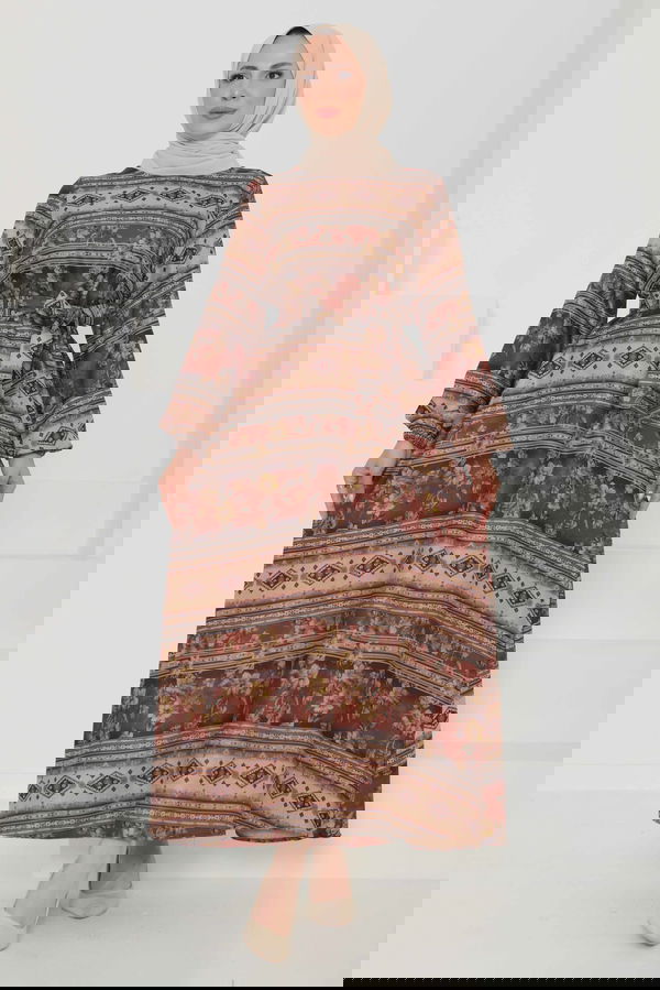 Çiçek Desenli Kuşaklı Elbise - 27105