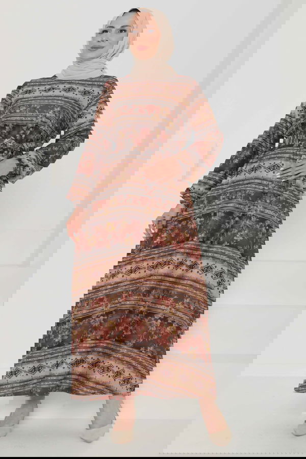 Çiçek Desenli Kuşaklı Elbise - 27105