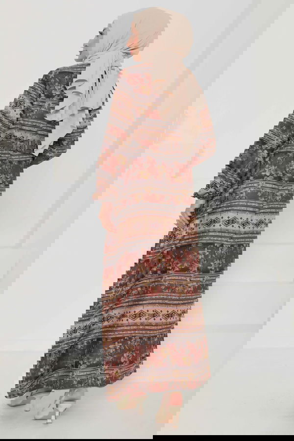 Çiçek Desenli Kuşaklı Elbise - 27105