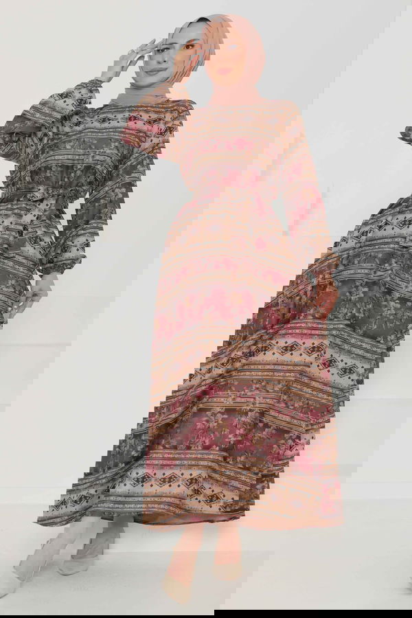 Çiçek Desenli Kuşaklı Elbise - 27105