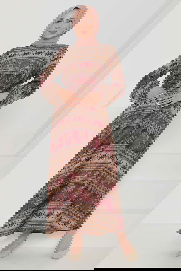 Çiçek Desenli Kuşaklı Elbise - 27105