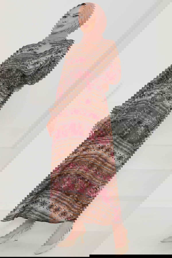 Çiçek Desenli Kuşaklı Elbise - 27105