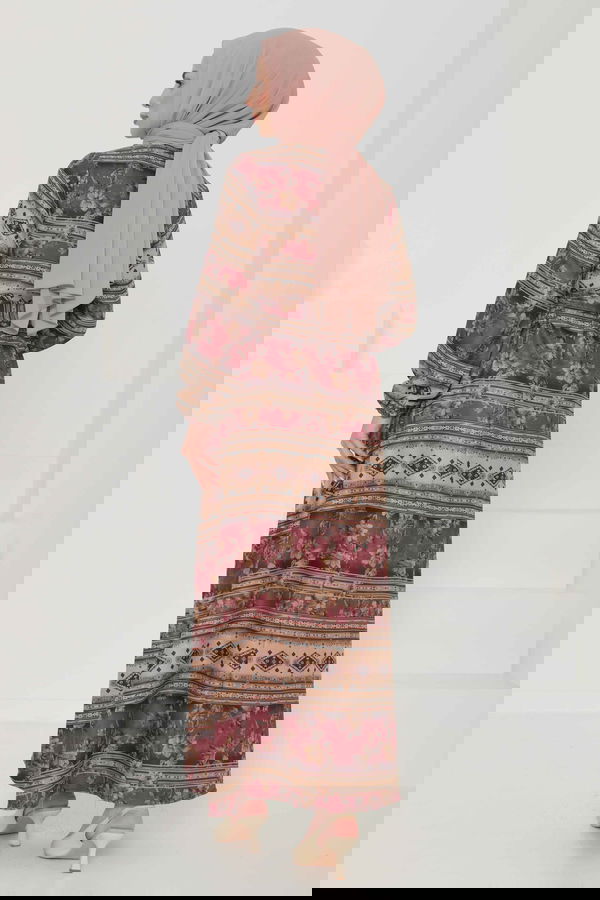 Çiçek Desenli Kuşaklı Elbise - 27105