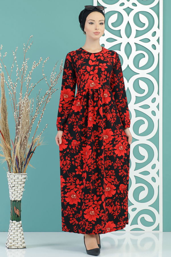 Çiçekli Elbise Siyah Bordo - 02 7672